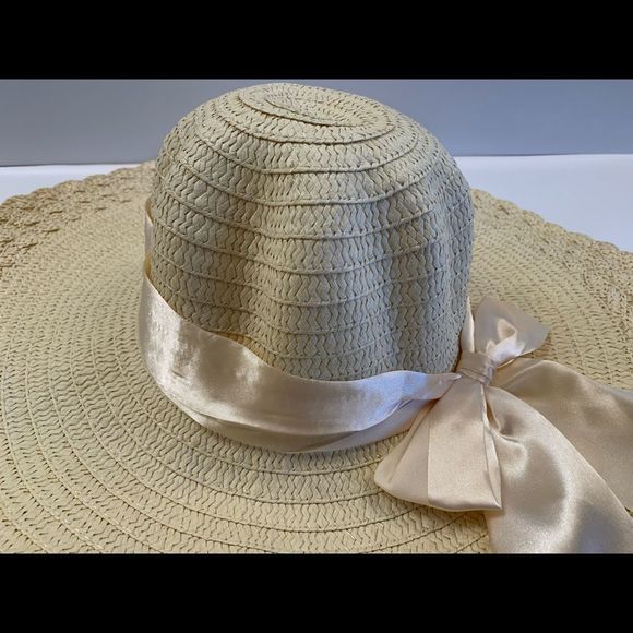 Floppy Straw Sun Hat 5” w/ Silk Bow - Beige - Picture 3 of 8
